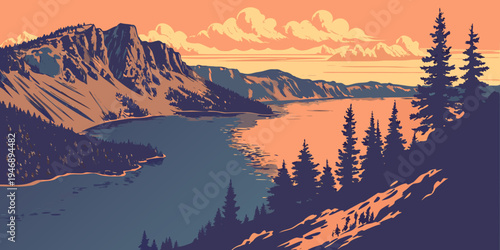 Crater Lake Deep Blue Crater Lake Sunrise Panorama – Dramatic Volcanic Cliffs in the USA, United States, U.S., US