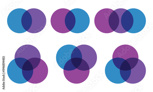 A collection of Venn diagrams, which are graphic charts made of overlapping circles used to illustrate logical relationships between different concepts, groups of data, or sets.