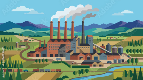A stylized illustration depicts an industrial factory with smoking smokestacks set against rolling hills and farmland under a clear sky.