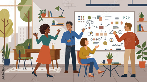 A diverse team of colleagues collaborates in a creative meeting, brainstorming and drawing a flowchart on a whiteboard in a modern office space.