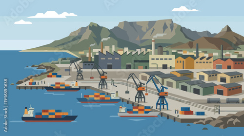 A flat vector illustration of a busy industrial seaport with cargo ships, cranes, and containers, set against a mountain landscape, depicting global trade and logistics.