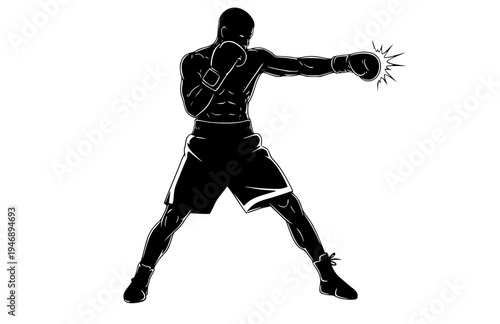 Professional Boxer Connecting Powerful Hook Punch Silhouette, Athlete Striking Goal Vector Sticker, Raw Gritty Combat Sports Action Icon