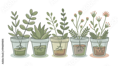 A charming illustration of various plants flourishing in glass pots.