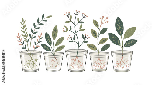 Vibrant illustration of flourishing plants in transparent pots.