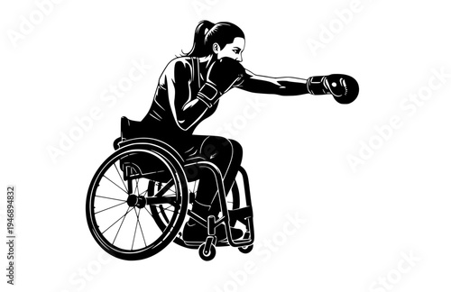 Women's Wheelchair Boxing Athlete Offensive Stance Silhouette, Adaptive Combat Sports Inclusion Vector Sticker, High Performance Para Athlete Icon