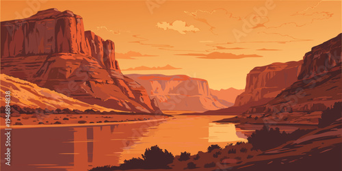 Lake Powell Red Canyon Lake Sunset Panorama – Glowing Reflections in the USA, United States, U.S., US