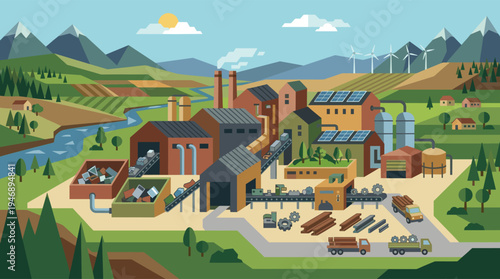 A flat design illustration of an eco-friendly factory recycling waste using solar panels and wind turbines, set in a peaceful, green mountain landscape.