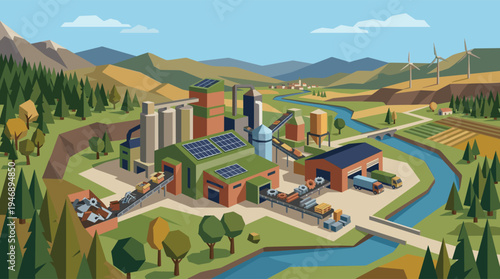 An illustration of a sustainable factory with solar panels and wind turbines operating harmoniously in a scenic rural valley, showing a circular economy.