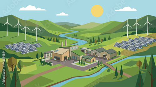 A modern factory in a lush green valley powered by renewable energy from solar panels and wind turbines, illustrating a concept of sustainable industry and green technology.