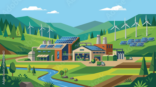 A vector illustration of a modern factory powered by solar panels and wind turbines set in a green landscape, symbolizing sustainable industry, renewable energy, and environmental harmony.