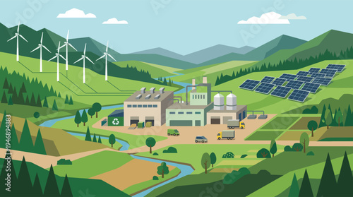 A flat design illustration of a sustainable factory in a green valley, powered by renewable wind turbines and solar panels, showing a concept of clean energy and ecological industry.