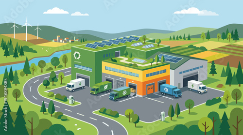 An illustration of a green industrial warehouse with solar panels, a living roof, and electric trucks at charging stations in a rural landscape with wind turbines.
