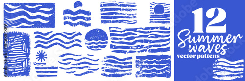 Vintage ocean wave pattern set with sun and sea elements in retro linocut print style summer coastal textures and grunge marine graphics
