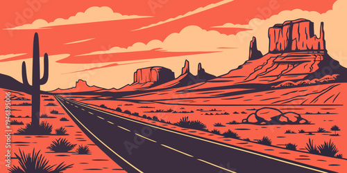 USA, US, U.S, United States -Loneliest Road Endless Desert Highway Sunset Panorama – Vast Wilderness Scenery in the USA, United States, U.S., US