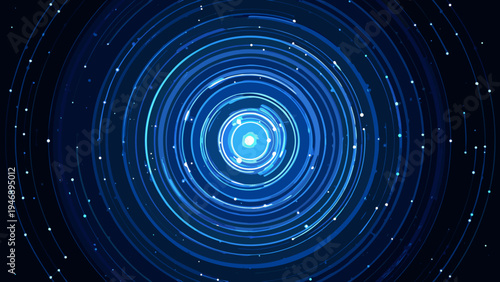 Abstract concentric circles with glowing blue light and scattered particles