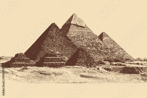 Giza pyramid complex, Egypt illustration in a vintage style. This vector illustration can be used in any size you like for advertising, logos, and other work.
