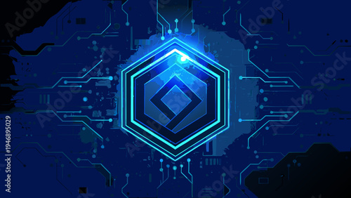 Abstract digital background with glowing hexagonal shapes and circuit patterns