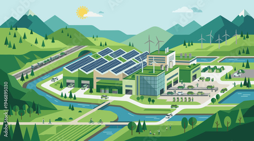 Illustration of a modern eco factory with solar panels and wind turbines, producing electric cars in a sustainable green landscape with a river and mountains.