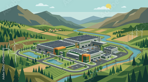 A modern, eco-friendly factory with rooftop solar panels and wind turbines operates in a lush green valley, symbolizing sustainable industry and renewable energy.
