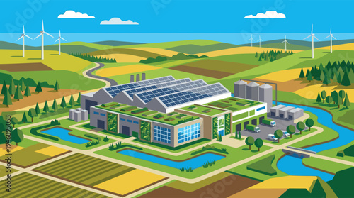 A modern, eco-friendly factory with a green roof and solar panels, set in a rural landscape with wind turbines, illustrating sustainable industry and renewable energy concepts.