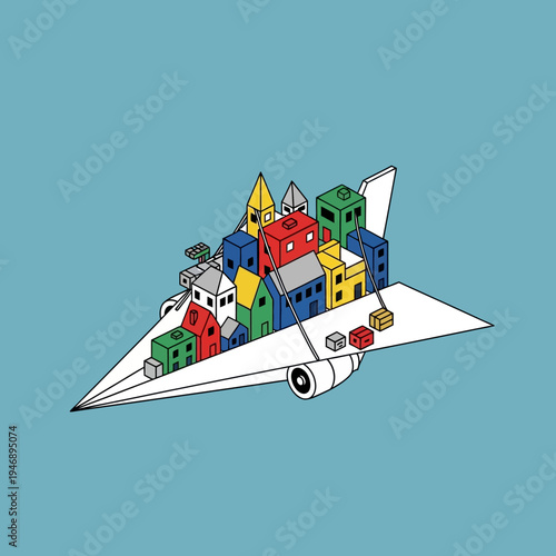 A whimsical illustration of a paper airplane carrying a colorful cityscape, symbolizing travel.