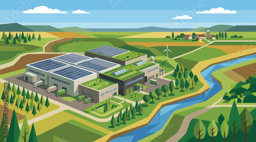 A modern, sustainable factory with solar panels and green roofs integrated into a rural landscape, illustrating clean energy and eco-friendly industry.