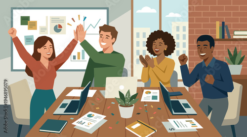 A diverse team of four happy colleagues celebrates a business success in a modern office, giving a high five with confetti on the conference table.
