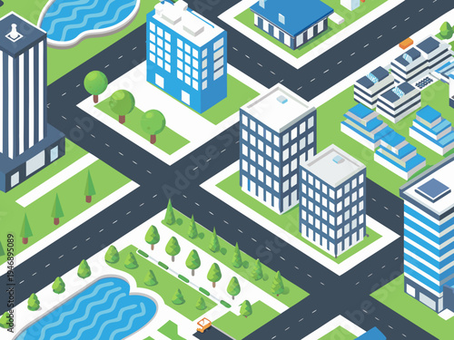 Isometric illustration of a modern city with blue and white buildings