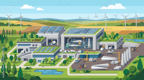 Illustration of a modern, sustainable factory with solar panels and green roofs manufacturing wind turbine components in a rural landscape with a wind farm.