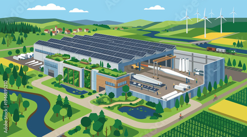 An eco-friendly factory with solar panels manufactures wind turbine blades, illustrating a future of sustainable industry, green technology, and renewable energy in harmony with nature.