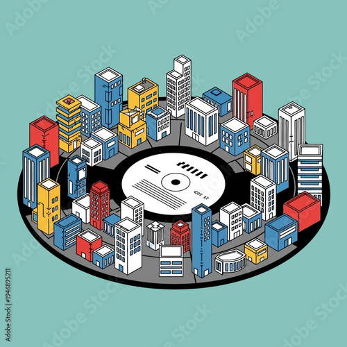 Isometric illustration of a city skyline built on a vinyl record, creative concept.