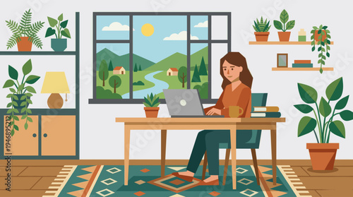 A female freelancer works on her laptop in a cozy, sunlit home office filled with plants, with a beautiful rural landscape visible through the window.