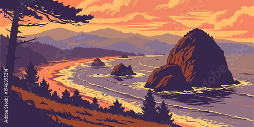 USA, US, U.S, United States - Cannon Beach Sea Stacks Sunset Panorama – Dramatic Pacific Northwest Coastline in the USA, United States, U.S., US