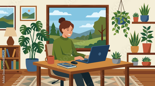 A smiling woman works on her laptop at a desk in a cozy home office filled with plants and a large window showing a peaceful landscape.