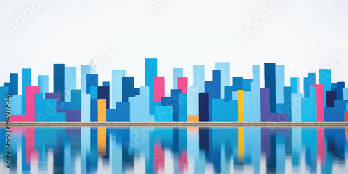 Abstract blue and colorful background with lines featuring a 3d vector illustration of a city skyline with urban skyscrapers and business buildings in a downtown metropolis design
