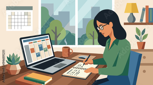 An illustration of a focused woman with glasses working from home, planning her schedule with a laptop and notebook.