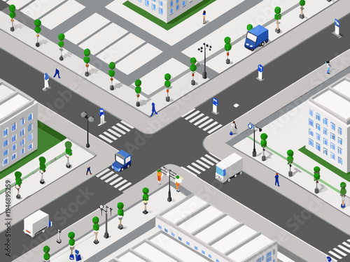 Isometric illustration of a city intersection with buildings roads and people