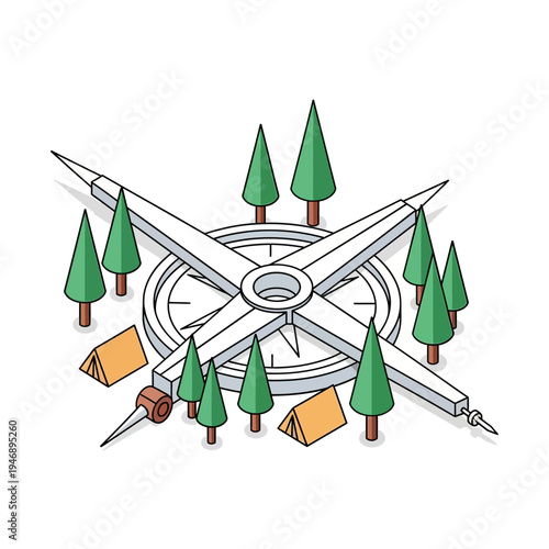 Isometric illustration of a compass surrounded by trees, tents, and nature elements.
