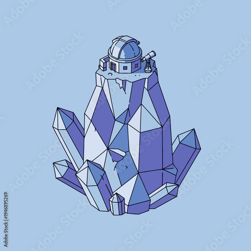 Isometric illustration of an observatory building atop a crystalline structure against a light blue backdrop.