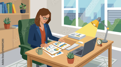 A focused businesswoman with glasses sits at her office desk, analyzing financial charts and reports under a bright lamp with a city view from the window.