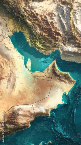 Geopolitical significance of the hormuz strait: a strategic focus. Poster graphics. Detailed mapping of the hormuz strait between iran and oman. Cinematic poster. Hero poster.