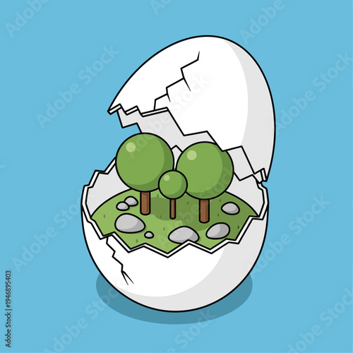 An artistic illustration of a cracked eggshell revealing a miniature landscape.