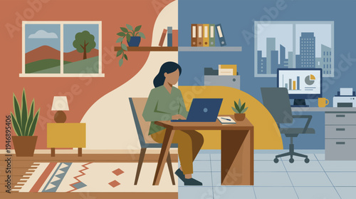Split screen illustration showing a woman working on a laptop, balancing a cozy home office with a corporate city office in a hybrid work model.