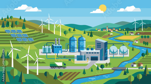 A modern hydrogen production facility generating clean fuel from renewable wind and solar power in a harmonious natural countryside setting.