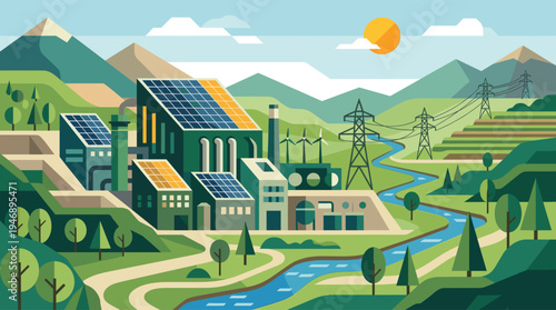 Flat design landscape showing a green industrial plant using solar and wind power, harmoniously integrated into a natural environment with mountains and a river under a sunny sky.