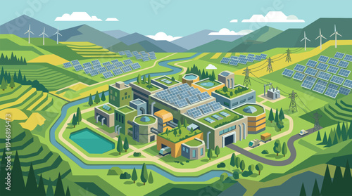 An isometric illustration of a futuristic, sustainable eco factory powered by solar panels and wind turbines in a green mountain valley.