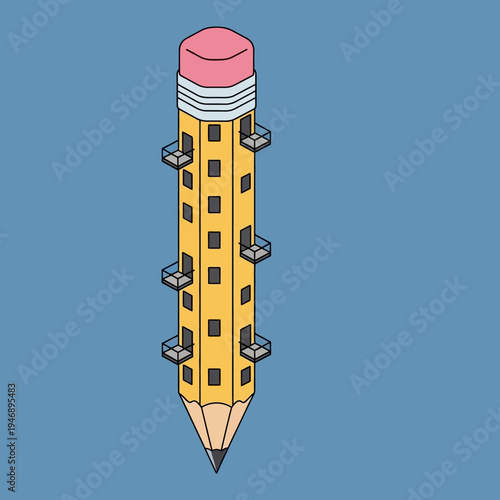 An isometric illustration of a pencil-shaped building with balconies and an eraser.