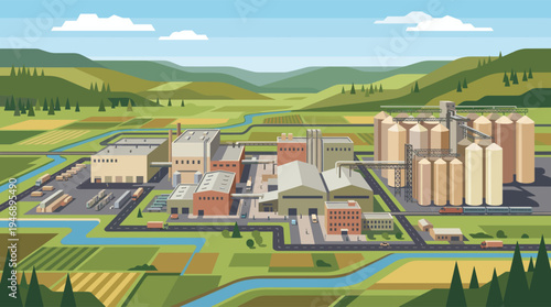 A flat vector illustration showing an aerial view of a large manufacturing plant and grain silos in a green rural landscape with fields, a river, and hills.