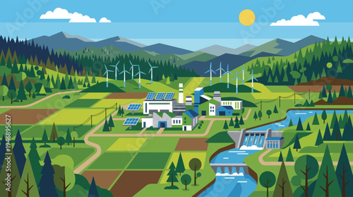 A flat design vector illustration of a green valley with a factory powered by renewable energy sources like solar panels, wind turbines, and a hydroelectric dam.
