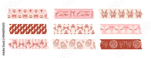 Set of Easter sticky tape in the style of a coquette. Elements for notes and scrapbooking. Torn pieces of patterned tape with ragged edges. Vector doodle illustration.